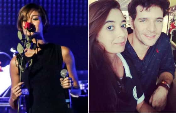 Sophie no espetáculo e Daniel ao lado de uma fã, ambos sem alianças