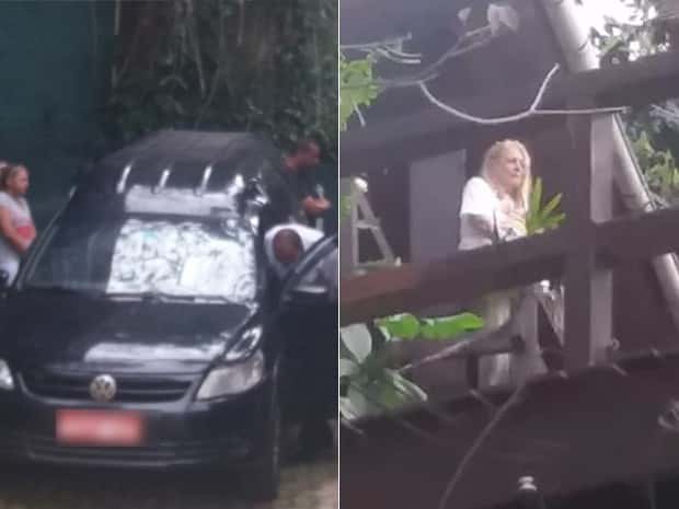 O corpo de Miele deixou sua casa na zona Sul do Rio e seguiu para laboratório da funerária, na zona Norte. Mulher do ator, Anita, chora ao ver corpo do companheiro sendo levado e amigos dizem que ela está 'destruída' (Foto: EGO)