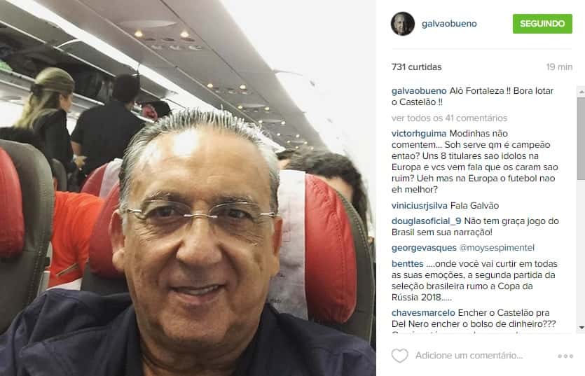 Galvão Bueno pede para torcida lotar estádio. (Foto reprodução : Instagram galvaobueno)