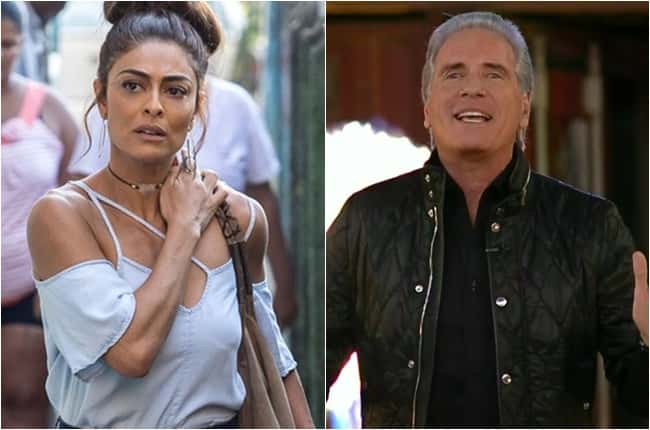Juliana Paes em cena de "A Força do Querer" como Bibi e Roberto Justus em "A Fazenda" (Foto: Montagem/TV Foco)