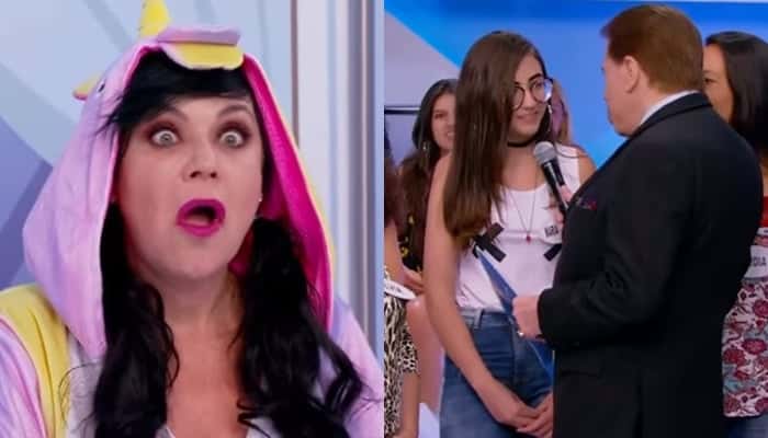 Flor, de apenas 52 anos, foi chamada de velha por garota da plateia. (Foto: Reprodução/SBT/Montagem/TV Foco)