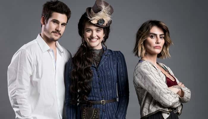 Nicolas Prattes (Samuca), Juliana Paiva (Marocas) e Cleo (Betina) em O Tempo Não Para (Foto: Globo/João Miguel Júnior)