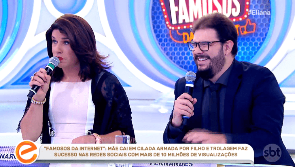 Tiago Barnabé (Narcisa) e Rodrigo Fernandes no programa de Eliana