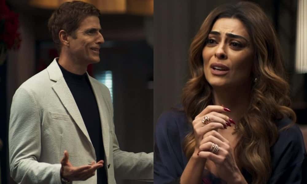 Régis (Reynaldo Gianecchini) e Maria da Paz (Juliana Paes) em cena na novela A Dona do Pedaço, da Globo. (Foto: Reprodução/Montagem)