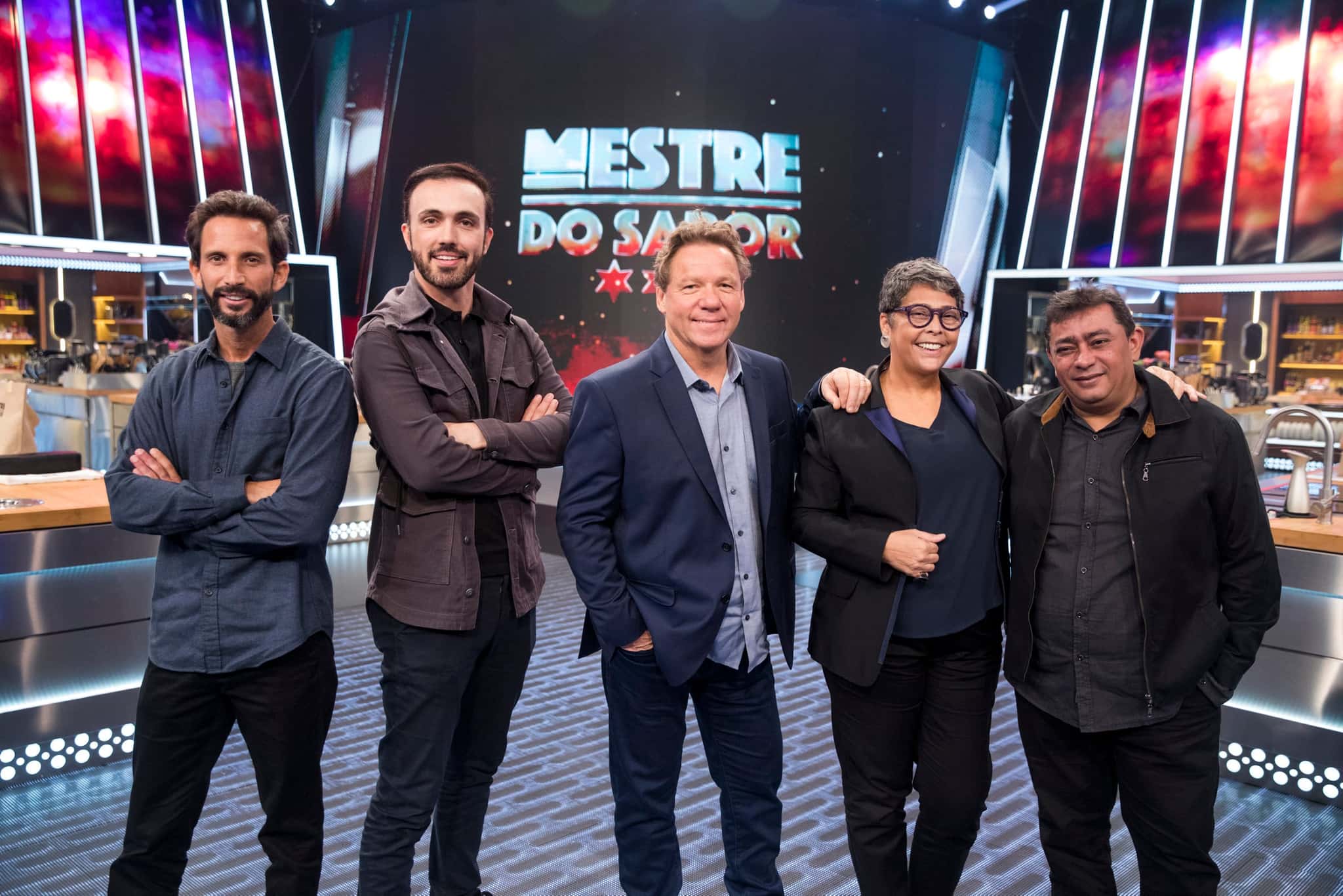 José Avillez, Leo Paixão, Claude Troisgros, Kátia Barbosa e Batista (Crédito: Globo/Victor Pollack)