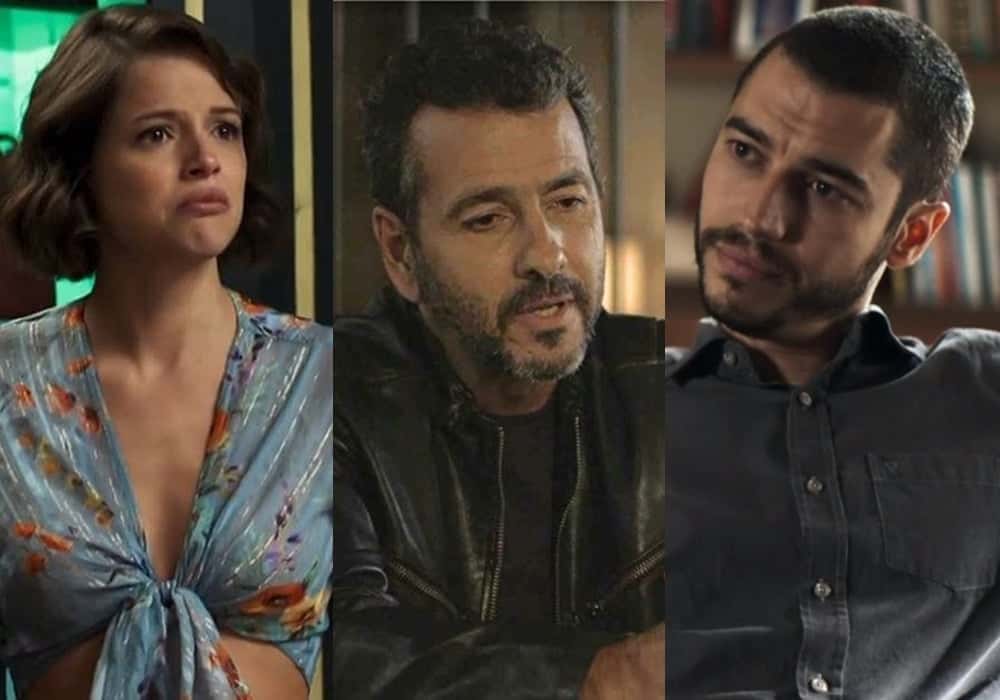 Jô (Agatha Moreira), Amadeu (Marcos Palmeira) e Camilo (Taylor Lee) em destaque no capítulo da novela A Dona do Pedaço, folhetim da Globo. (Foto: Reprodução/Montagem)