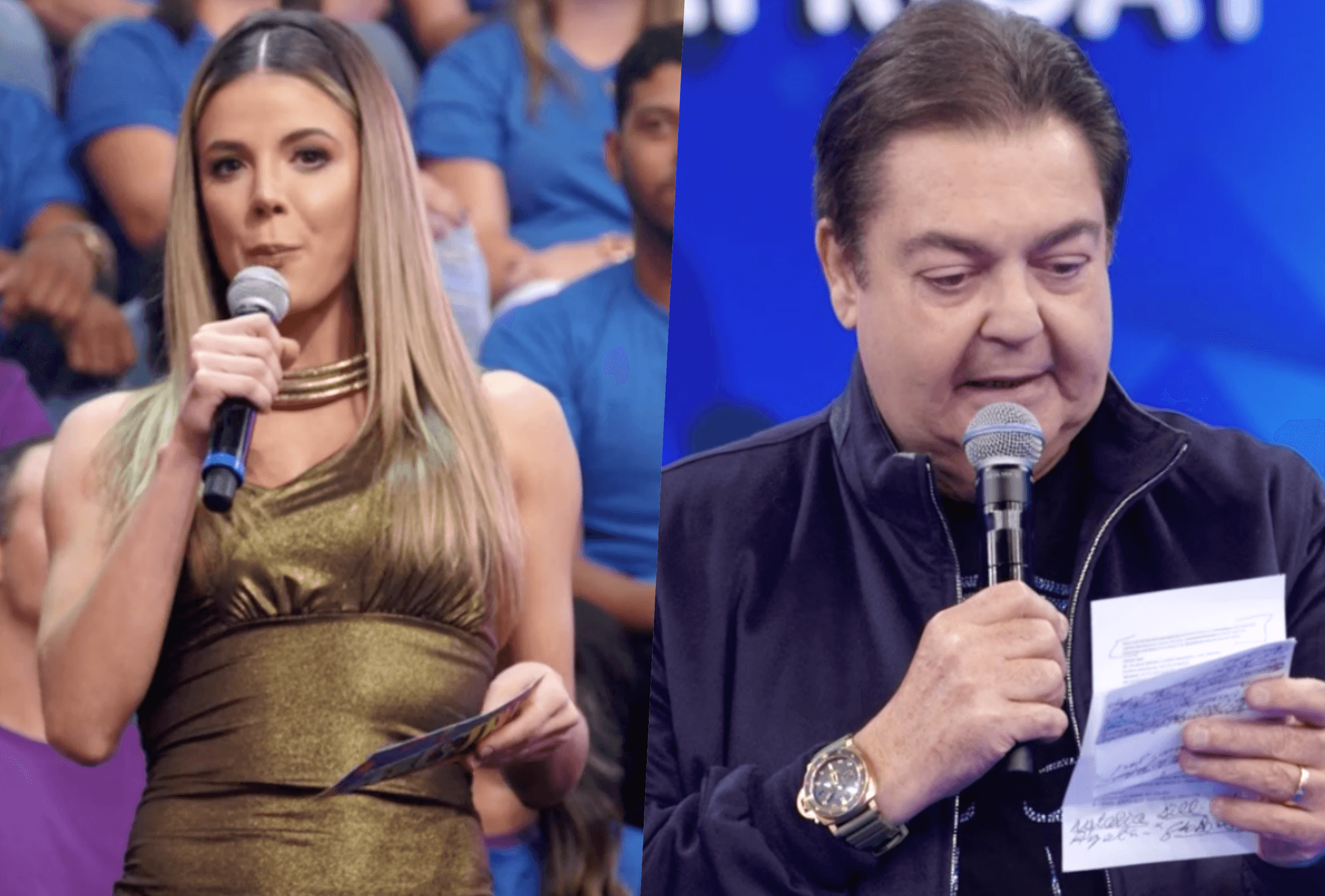 Bailarina do Faustão cometeu uma gafe ao vivo, leu texto errado e deixou o apresentador bastante bravo (Foto montagem TV Foco)