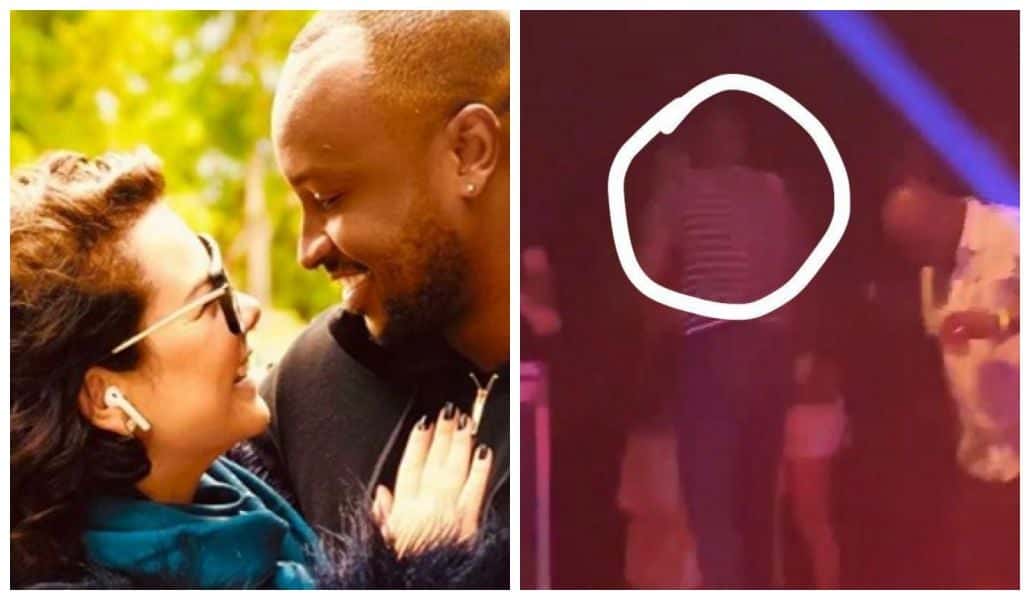 Thiaguinho e Fernanda Souza foram flagrados trocando beijos em show do cantor.