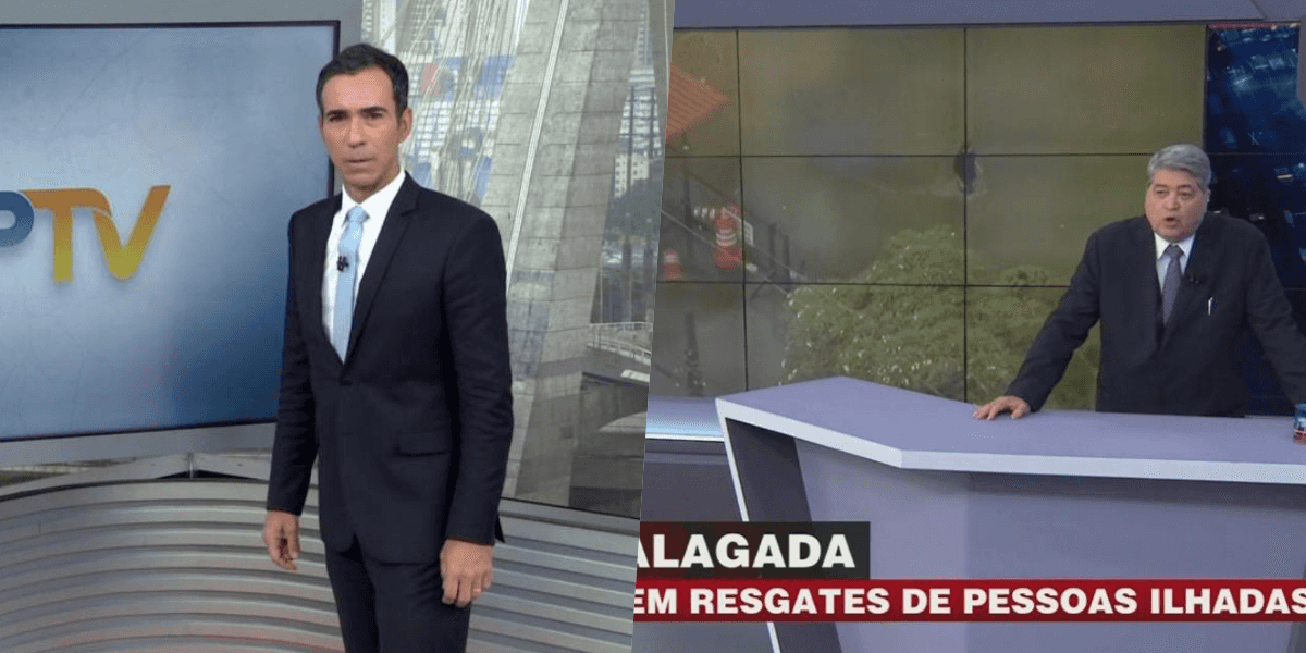 Ampla cobertura das enchentes em São Paulo fez César Tralli e Datena trabalharem duro em na Globo e Band (Foto montagem: TV Foco)