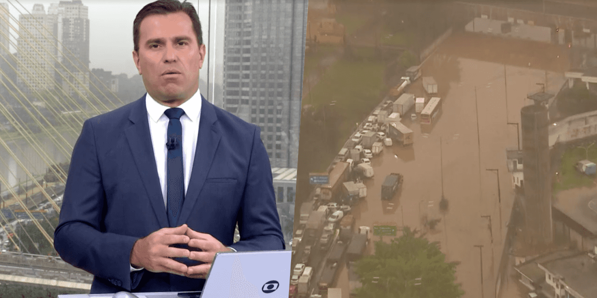Rodrigo Bocardi fez cobertura ao vivo na Globo sobre São Paulo completamente afundada pela água (Foto reprodução)