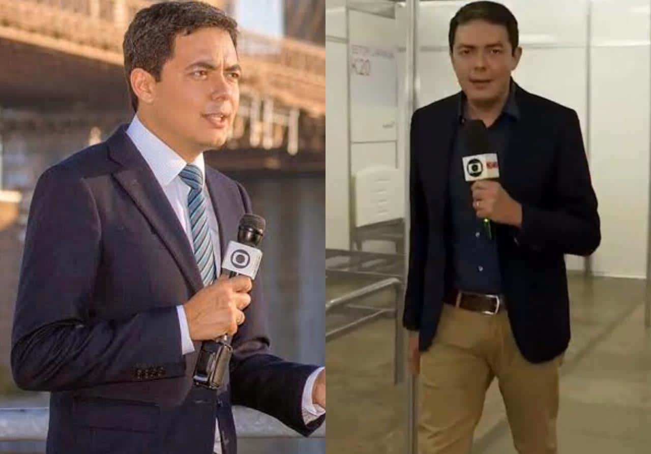 O repórter Alan Severiano deixou aparecer um volume em sua calça, durante o Jornal Nacional, e acabou virando assunto entre os internautas (Foto: Reprodução)