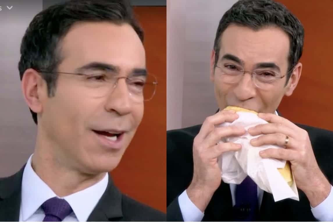 Tralli come lanche ao vivo em estúdio do SP1 (Fotos: Reprodução/Globoplay)