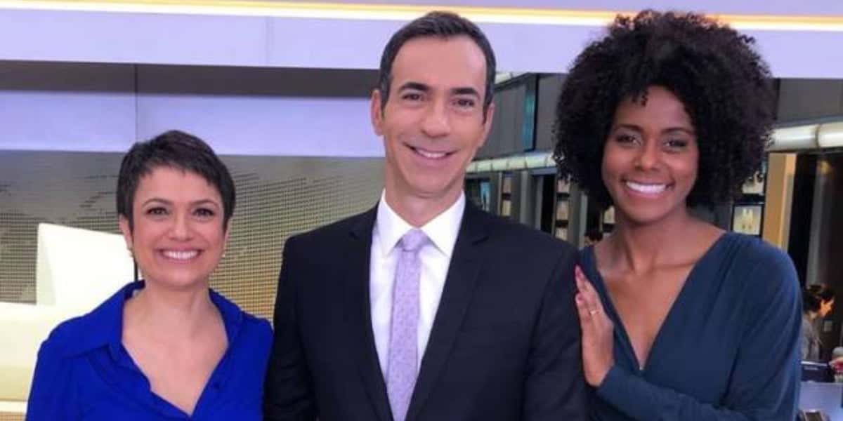 Sandra Annenberg, Cesar Tralli e Maju Coutinho nos bastidores do "Jornal Hoje" (Foto: Reprodução/TV Globo)