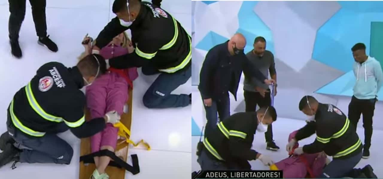 Renata Fan foi retirada de maca dos estúdios do Jogo Aberto (Foto: Montagem/TV Foco)