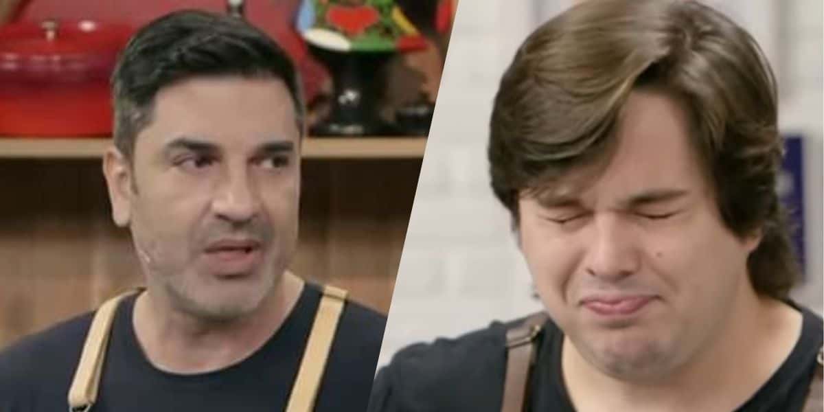 Lucas Salles após experimentar a pimenta de Edu Guedes (Montagem: TV Foco)