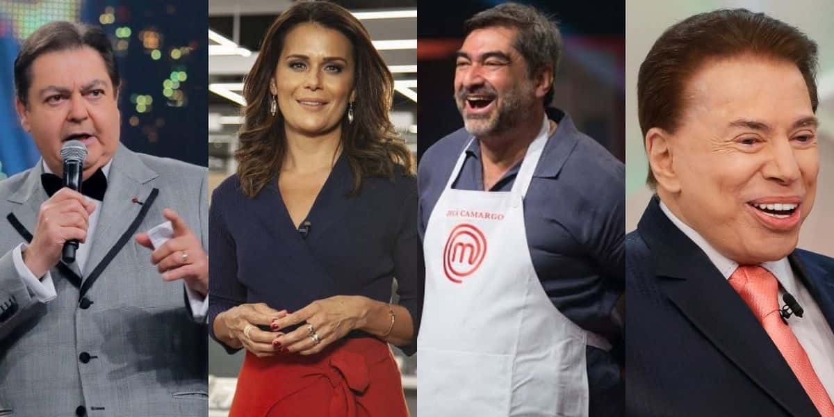 Faustão, Adriana Araújo, Zeca Camargo e Silvio Santos (Montagem: TV Foco)