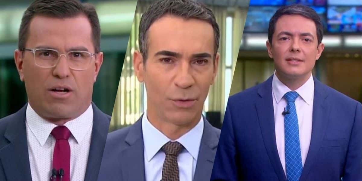 Rodrigo Bocardi, César Tralli e Alan Severiano no Jornal Hoje (Montagem: TV Foco)