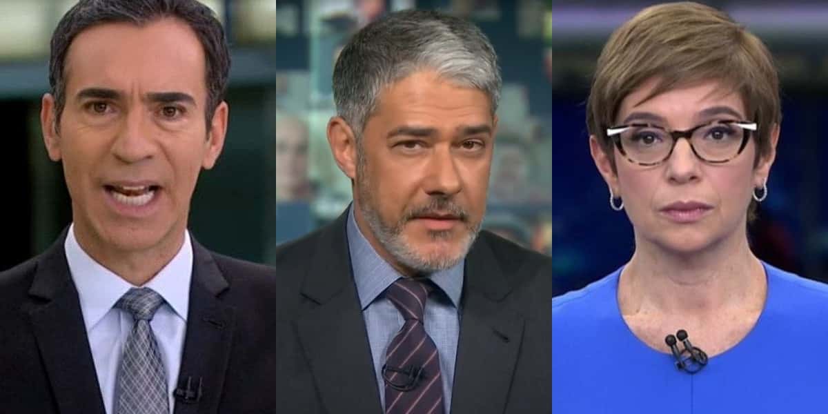 Cesar Tralli, William Bonner e Renata Lo-Prete apresentam os principais telejornais da casa (Foto: Reprodução/TV Globo)