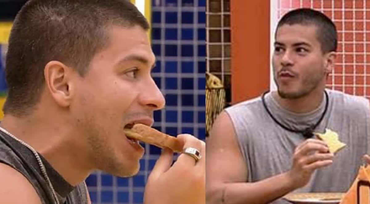 Arthur Aguiar come de madrugada pensando que vai ser eliminado do BBB22 (Reprodução/ Globoplay)