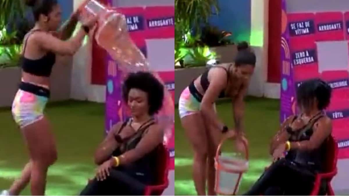 Maria despejou balde de água com força na cabeça de Natália e bateu com tudo na cabeça da sister (Reprodução/ TV Globo)