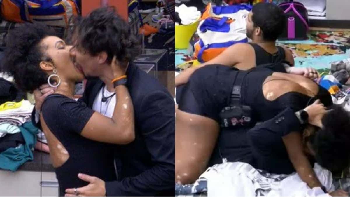 Natália e Eliezer se beijam e até dão amassos na cama do BBB22 (Montagem/ Reprodução/ TV Globo)