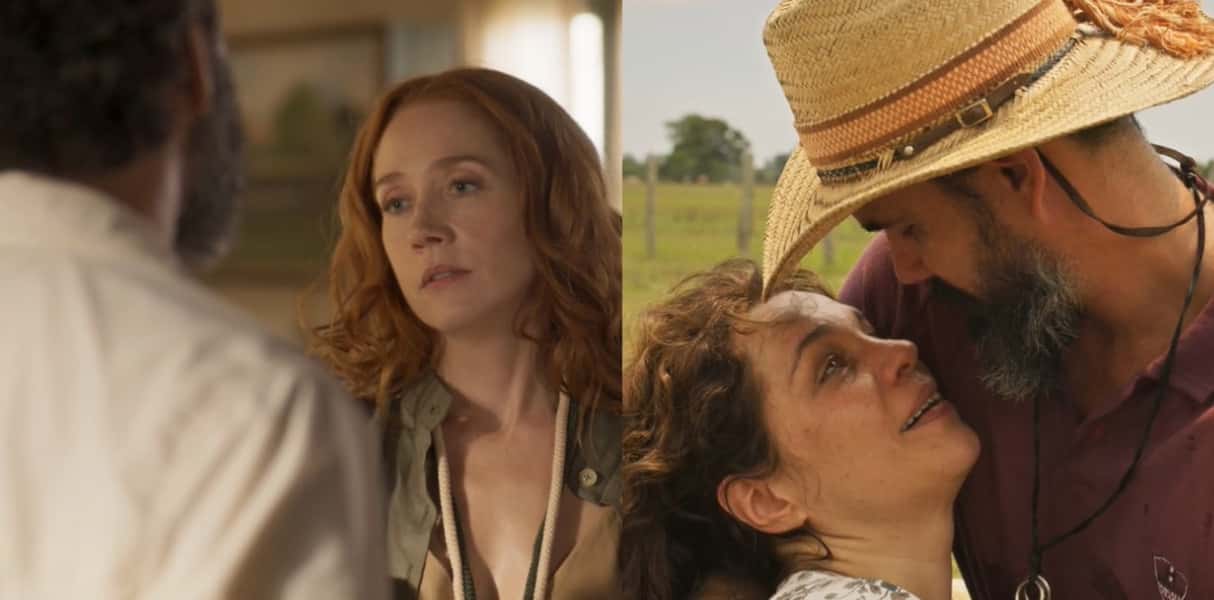Maria Bruaca (Isabel Teixeira) está deixando o vilão de "Pantanal", furioso com as suas escapadas ao lado de Alcides (Juliano Cazarré) e Irma (Camila Morgado) levou fora do ex-cunhado (Foto: Reprodução / Globo)