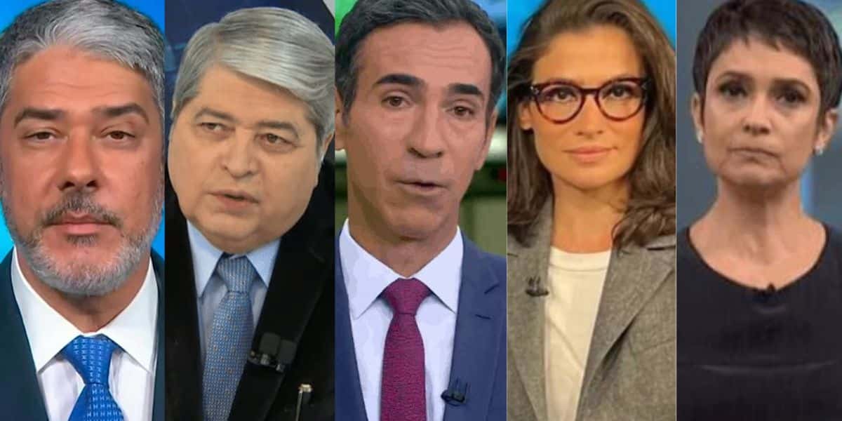 William Bonner, Datena, César Tralli, Renata Vasconcellos e Sandra Annenberg: choram e chegam a soluçar no ar (Reprodução)