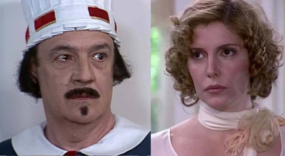 Cornélio (Ney Latorraca) flagra Dinorá (Maria Padilha) com Celso (Murilo Rosa) em "O Cravo e a Rosa" (Foto: Reprodução / Globo)