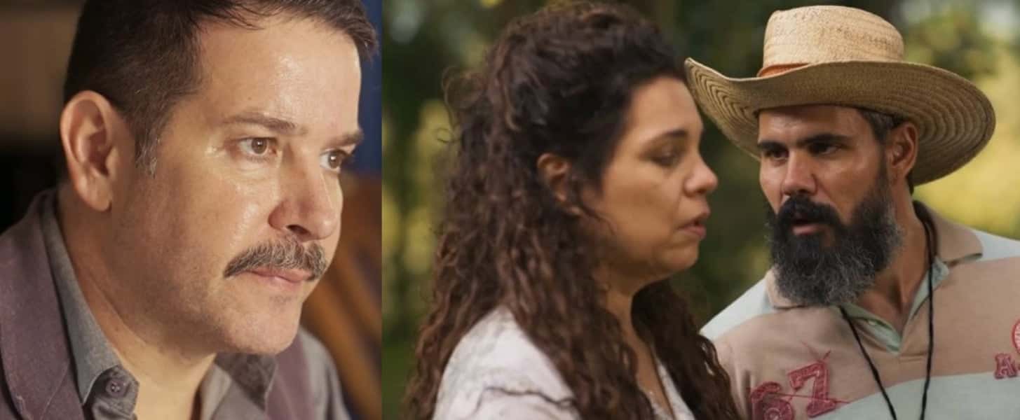 Alcides (Juliano Cazarré) falará demais e levará flagra de Tenório (Murilo Benício) em Pantanal (Foto: Reprodução / Globo)