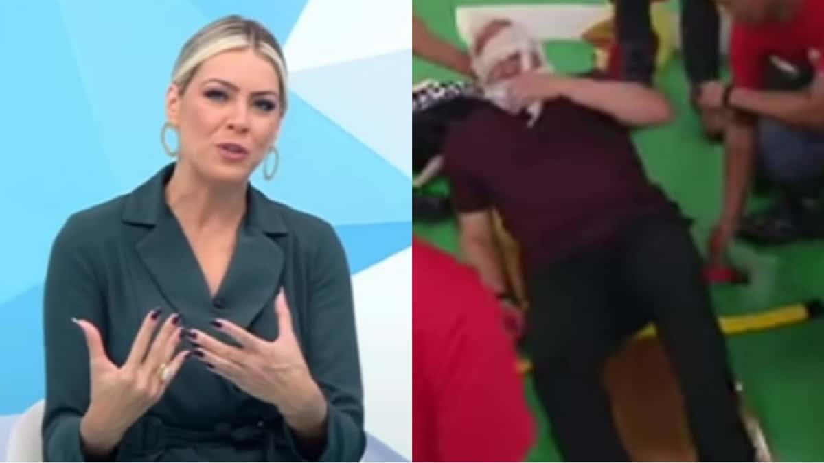 Renata Fan e Ronaldo Giovanelli sendo retirado do "Jogo Aberto" de maca (Reprodução/ Band)