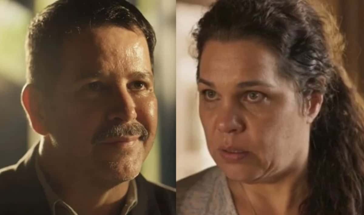 Tenório (Murilo Benício) ficará mansinho com Bruaca (Isabel Teixeira) quando descobrir que suas contas estarão bloqueadas em Pantanal (Foto: Reprodução / Globo)
