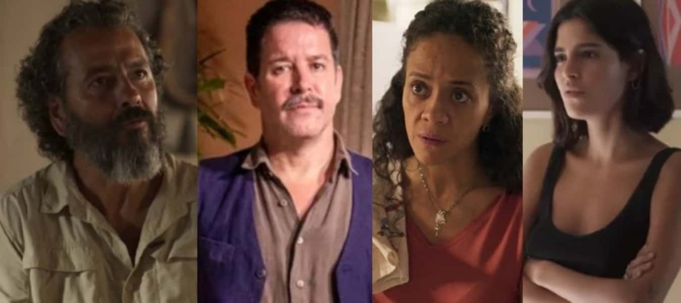 Pantanal – Zé Leôncio (Marcos Palmeira) dá notícia de morte de Tenório (Murilo Benício) a Zuleica (Aline Borges) e Guta (Julia Dalavia) (Foto: Reprodução / Globo)