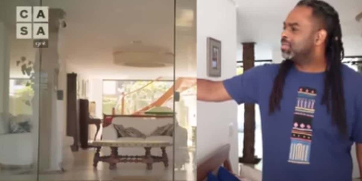 Manoel Soares mora em mansão no meio de ilha com quadra, obras de artes e sala gigante com árvore no meio (Foto: Reprodução)