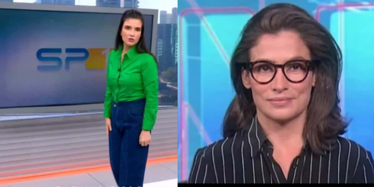 Sabina Simonato para SP1 para dar notícia envolvendo Renata Vasconcellos na bancada do JN (Reprodução: Montagem TV Foco)