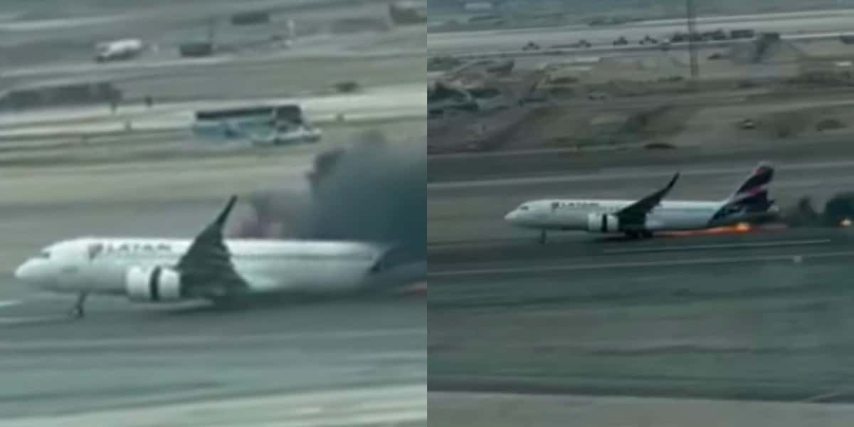 Avião da Latam pegou fogo após bater em caminhão na pista (Foto: Reprodução / Instagram)