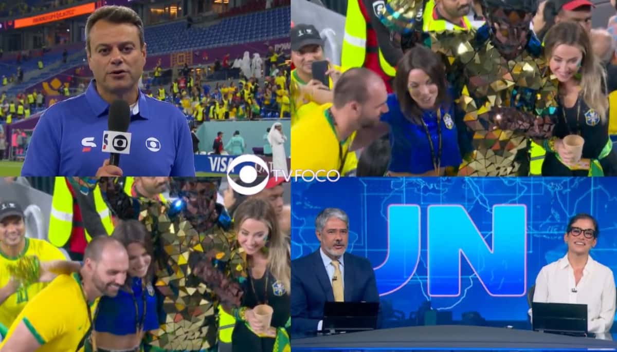 Direto do Catar, Jornal Nacional expõe o deputado Eduardo, filho de Bolsonaro na Copa e Brasil vê provocação: "Gado" (Foto: Reprodução / Globoplay / Montagem TV Foco)