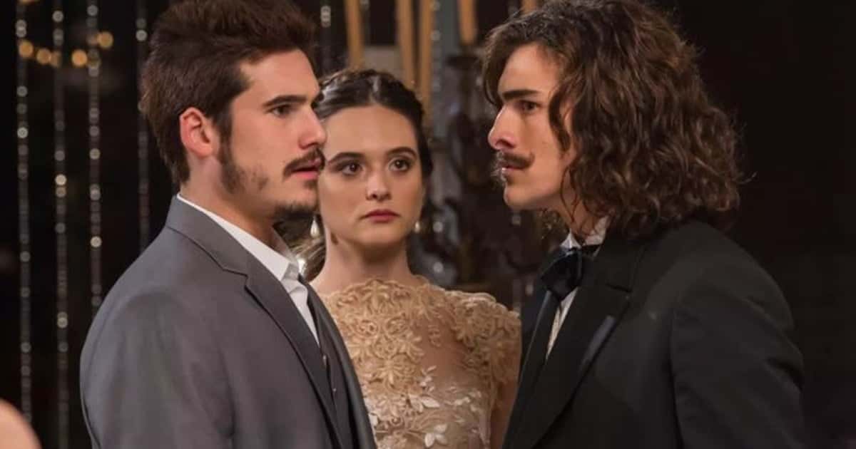 Nicolas Prattes, Juliana Paiva e Bruno Montaleone em cena de O Tempo Não Para (Divulgação/ Globo)
