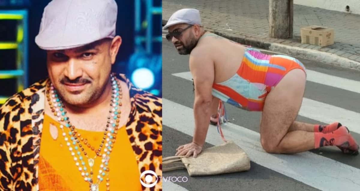 De maneira única e divertida, Evandro Santo vestiu algumas peças da marca Girassol e fez vídeos nas ruas da cidade (Foto: Reprodução / Instagram / Montagem TV Foco)