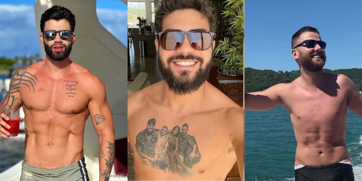 Gigantes: Gusttavo Lima, Henrique e Zé Neto desfilam com membros marcando em sungas e tamanho choca - Foto Reprodução