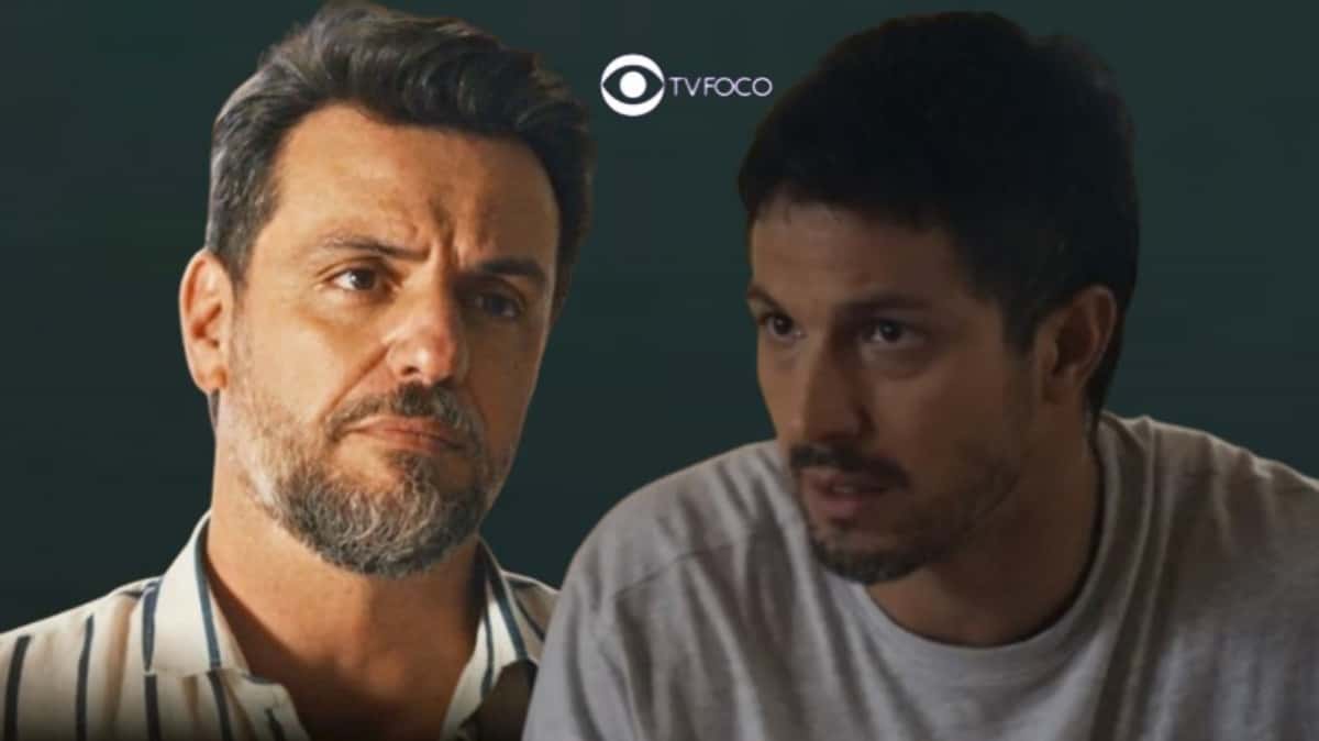 Travessia - Oto (Romulo Estrela) leva uma surra de Moretti (Rodrigo Lombardi) por causa de Brisa (Lucy Alves) e aceita apanhar calado (Foto: Reprodução / Globo / Montagem TV Foco)
