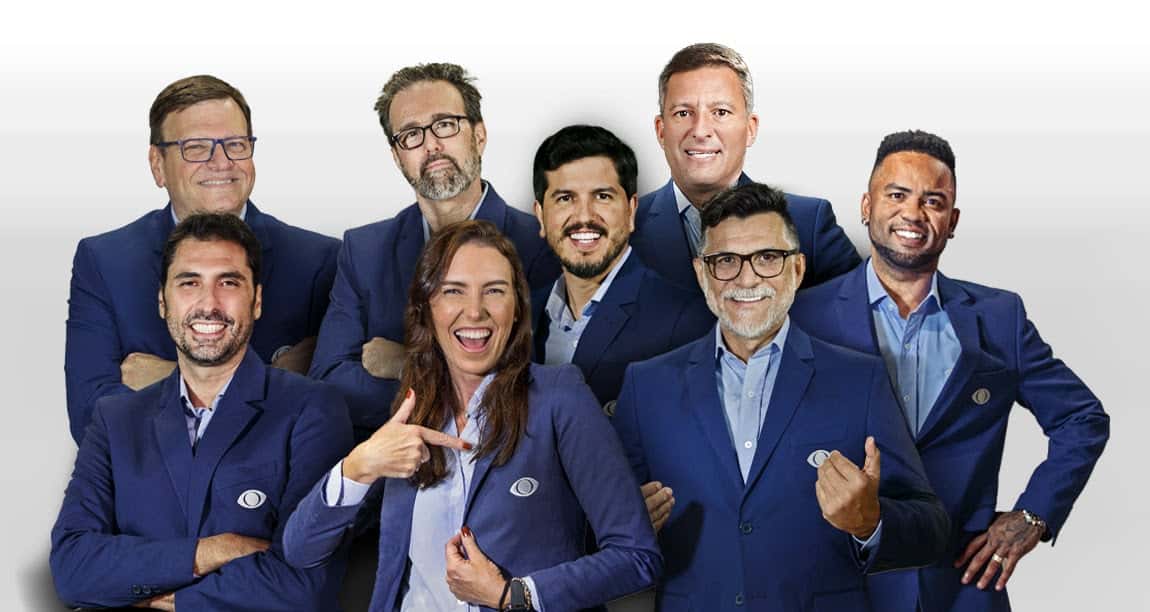 Sergio Mauricio, Glenda Kozlowski, Getúlio Vargas, Ricardo Rocha, Roby Porto, Washington, Carlos Alberto e Athirson vão levar para você todas as emoções do Campeonato Carioca. Crédito: Divulgação/Band