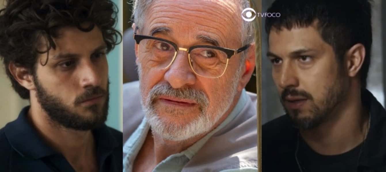Ari (Chay Suede) e Oto (Romulo Estrela) foram apontados como filhos de Dante (Marcos Caruso) em Travessia (Foto: Reprodução / Globo / Montagem TV Foco)
