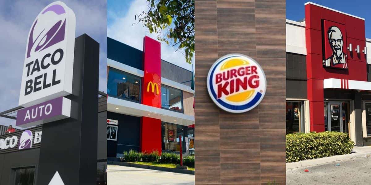 Fachadas do Taco Bell, McDonald's, Burger King e KFC (Fotos: Reproduções / Internet)