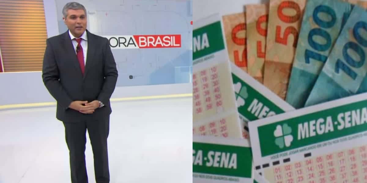 Joel Datena nos estúdios do Bora Brasil, na Band e Mega-Sena (Reprodução: Montagem TV Foco)