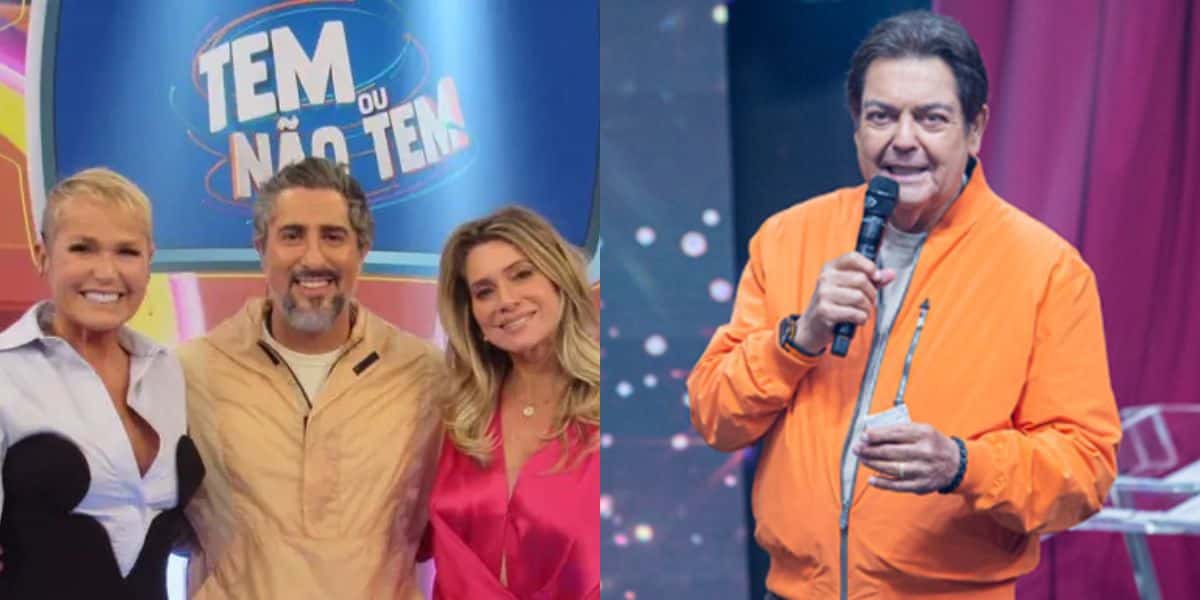 Marcos Mion, Xuxa e Maitê Proença no programa na Globo, ao lado Faustão na Band (Reprodução - Globo/Band)