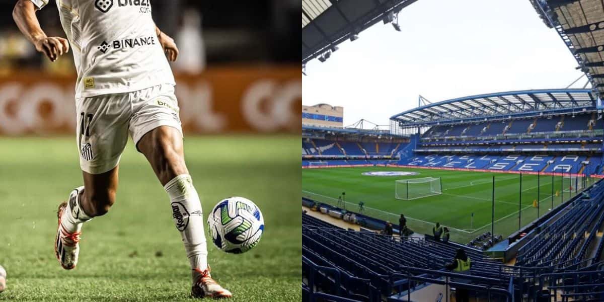 JOgador do Santos e estádio do Chelsea (Reprodução - Internet)
