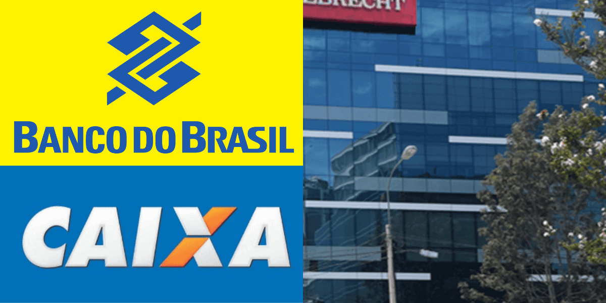 Logo do Banco do Brasil, Caixa e fachada da Odebrecht (Reprodução - Internet)