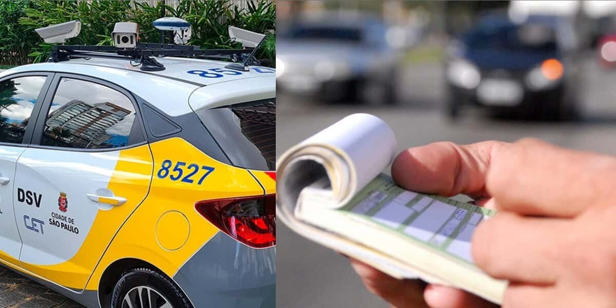 Carro equipado com câmeras e agente de trânsito aplicando multa (Foto: Reprodução / Internet / Montagem TV Foco)