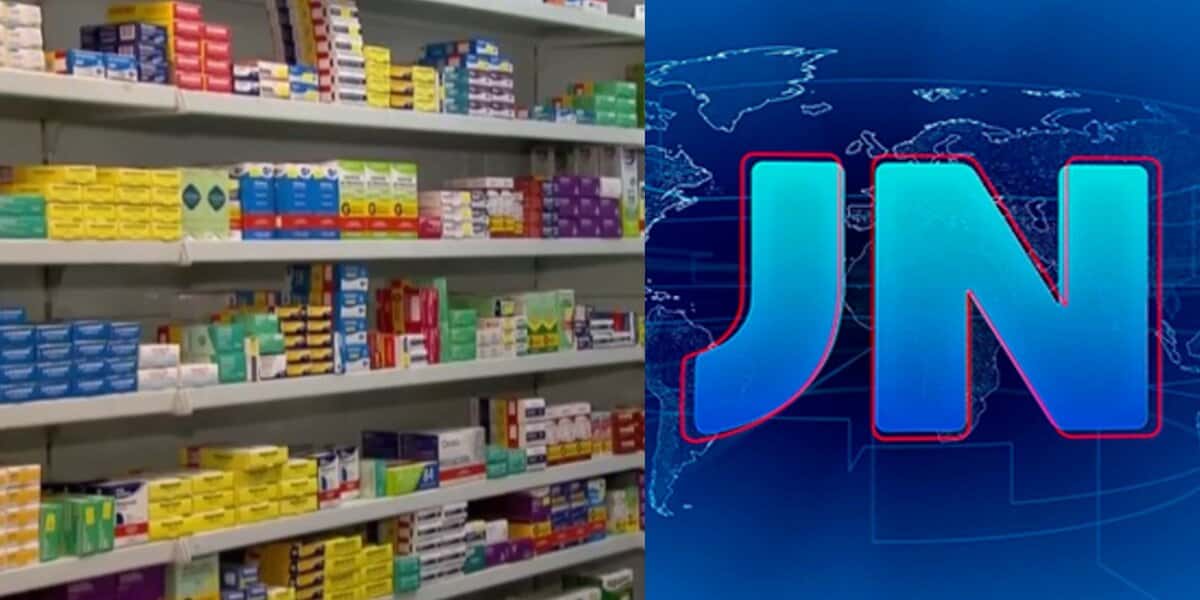 Remédios em farmácia e logo do Jornal Nacional (Foto: Reprodução / Internet / Montagem TV Foco)