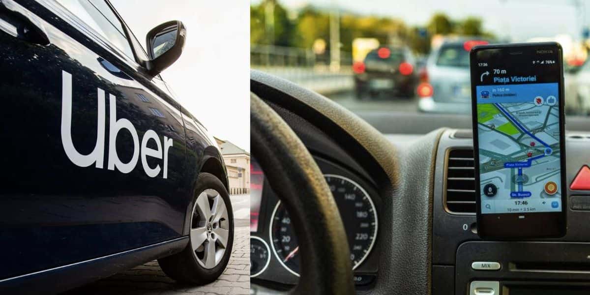 Carro da Uber e motorista usando aplicativo Waze (Fotos: Reproduções / Internet)